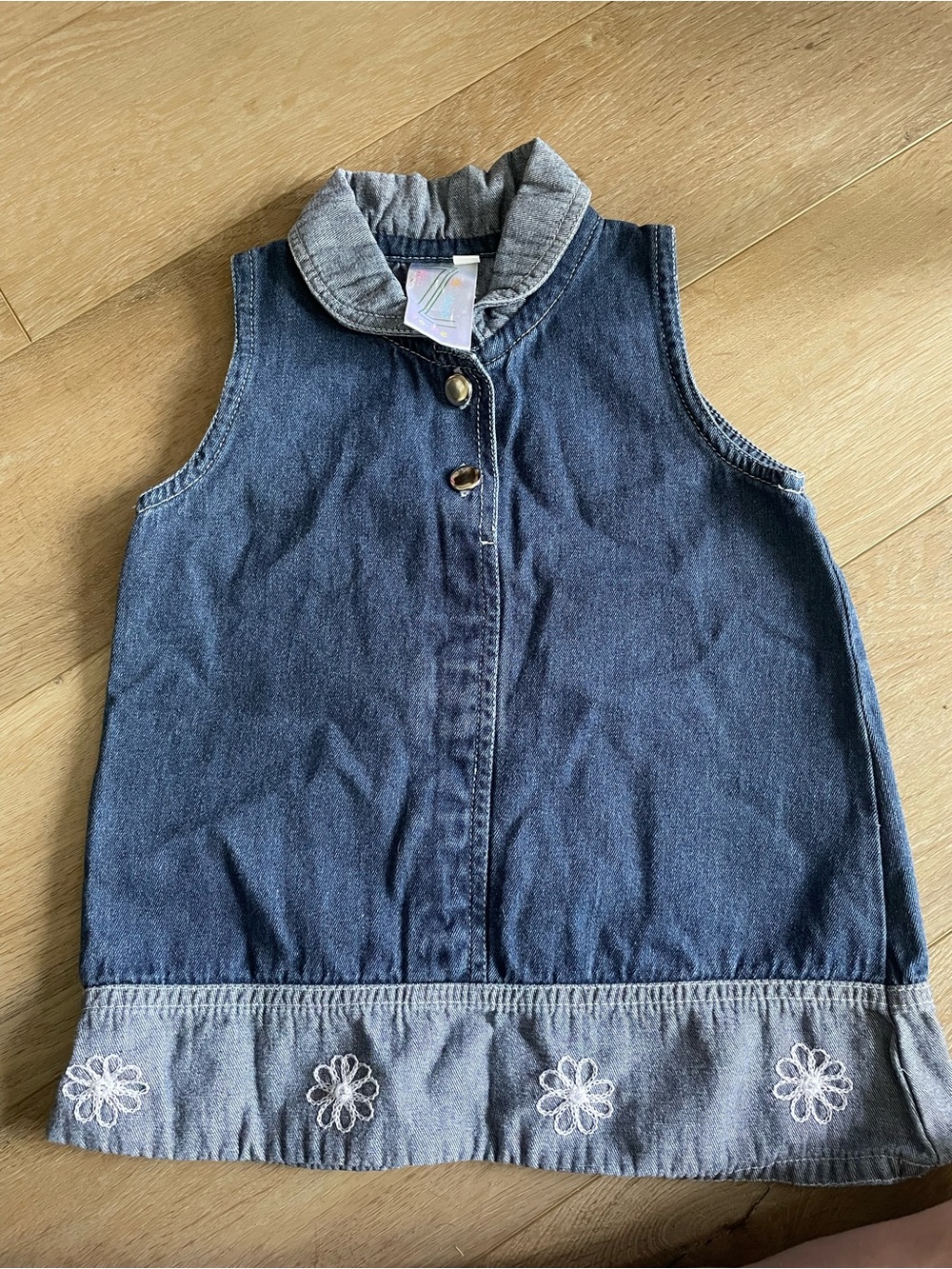 Denim Sleeveless Dress with Floral Hem